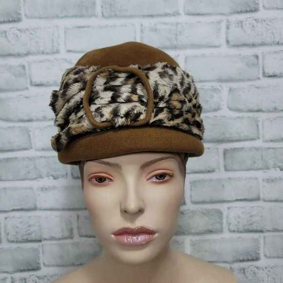 Vintage MARZI Firenze Designer Brown Felt Cloche Hat Faux Fur Leopard Italy - Picture 2 of 10